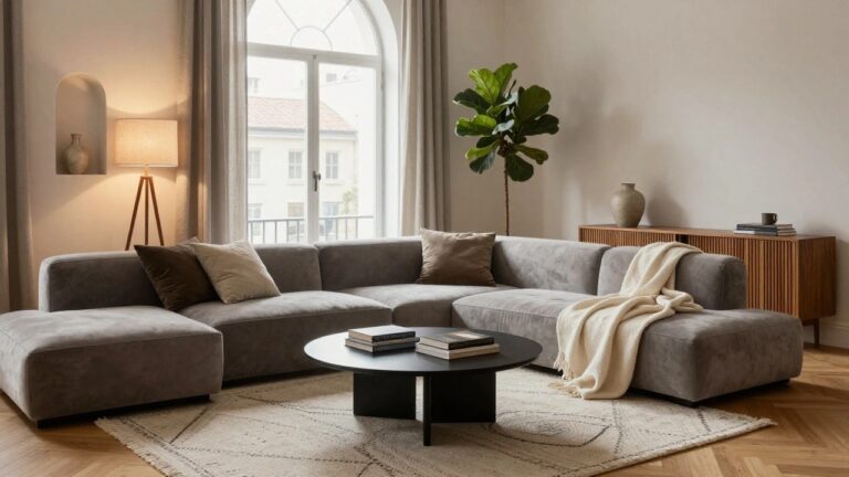23 Modern Sofa Lounge Design Inspo For A Relaxed Designer Vibe Modern living room with gray L-shaped velvet sectional sofa and ottoman, black round coffee table holding books and mug, beige patterned rug, wood credenza with vase and plant, tripod floor lamp, and large window.