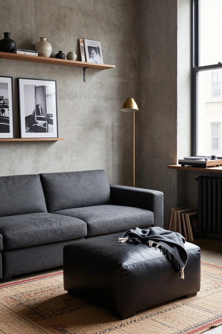 Modern indoor lounge with L-shaped gray fabric sofa, black leather ottoman on red and beige rug, wood shelves holding vases and books against textured concrete wall, gold floor lamp, and turntable on shelf.