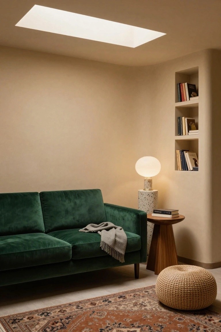 Green velvet sofa with gray throw in a beige room featuring curved walls, built-in bookshelves, white globular lamp on stone pedestal next to wooden side table with books, woven pouf, and Persian rug on floor.