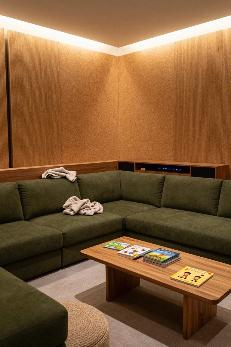 Cozy green sectional sofa with wooden coffee table and children's books.