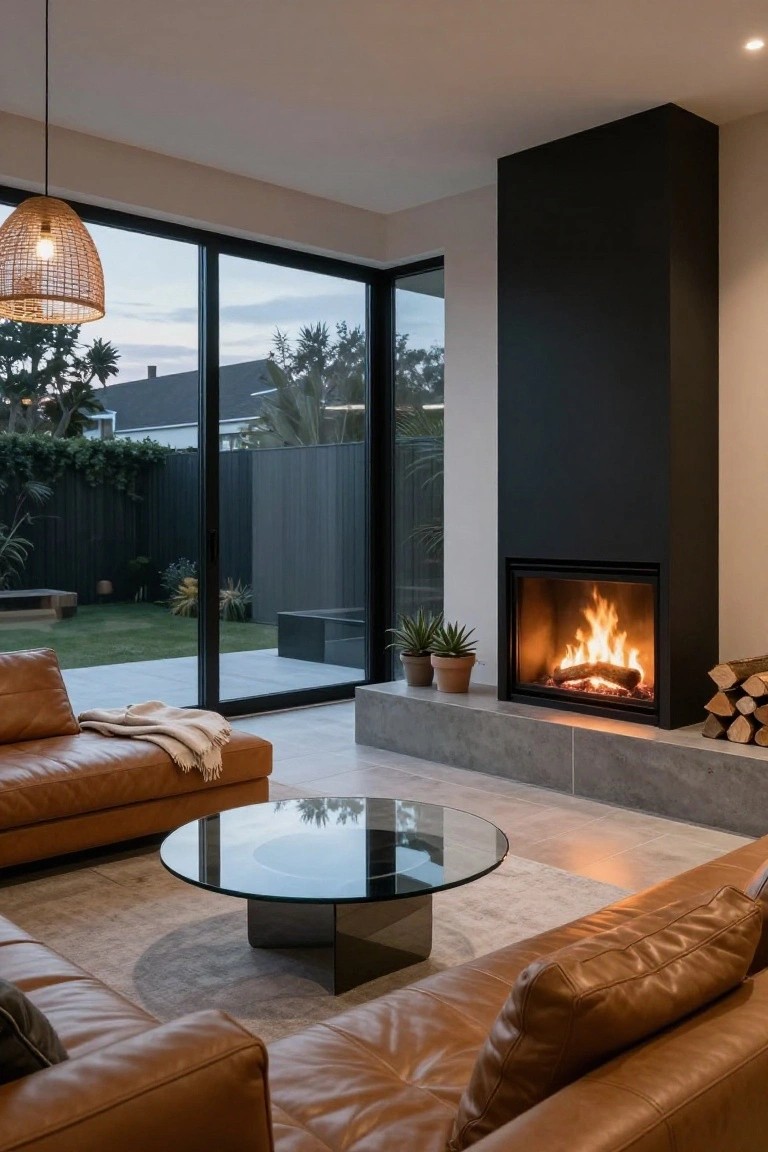 Modern living room with tan leather sofas around a round smoked glass coffee table, black linear fireplace with burning logs, rattan pendant light, potted plants, and large corner sliding glass doors to backyard garden at dusk.