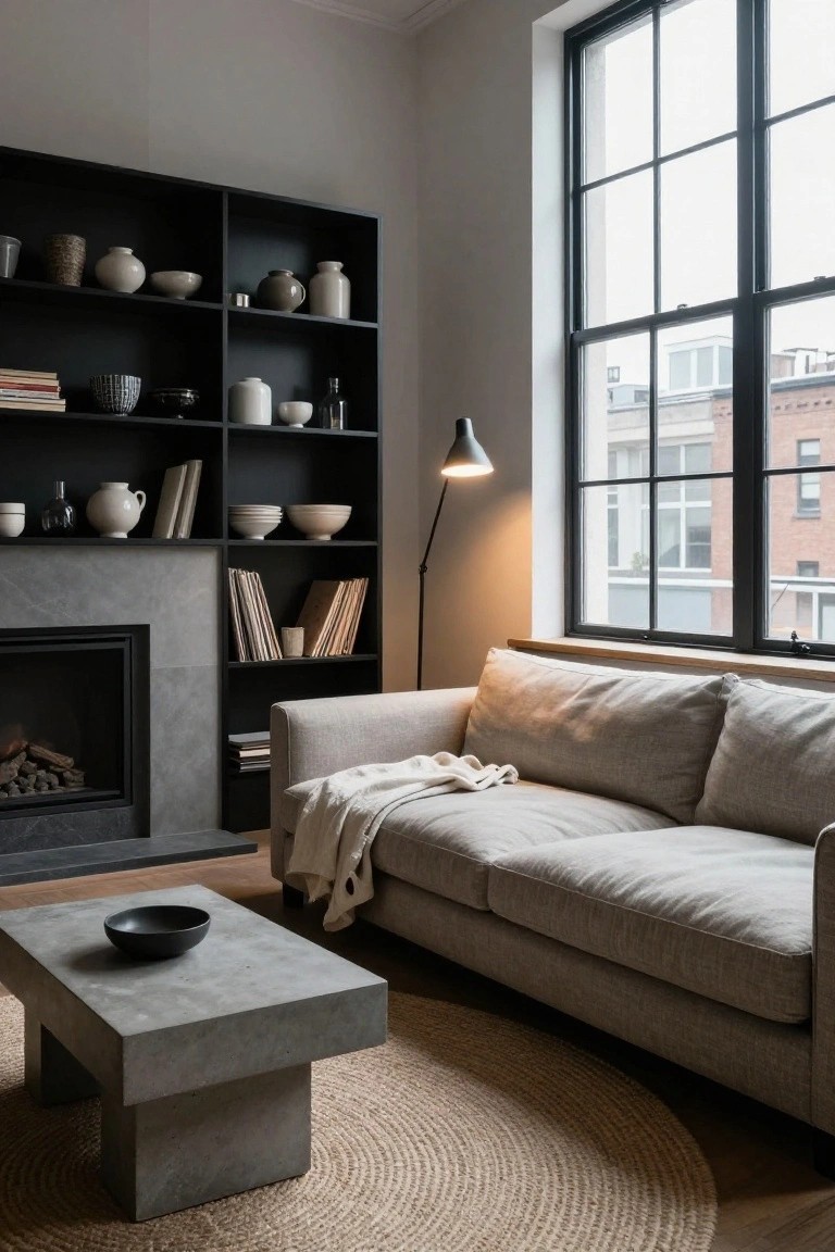 Modern interior corner with light gray linen sofa draped with a white throw, low rectangular concrete coffee table holding a black bowl, black shelving unit displaying ceramics and books, matte black fireplace, arc floor lamp, and large multi-pane window overlooking brick buildings.