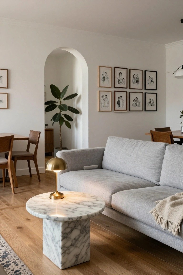 Light gray modern sofa next to round white marble pedestal side table with gold dome lamp on top, arched white doorway with potted plant visible beyond, wooden dining chairs and table in background, on oak wood floors with neutral walls and framed artwork.
