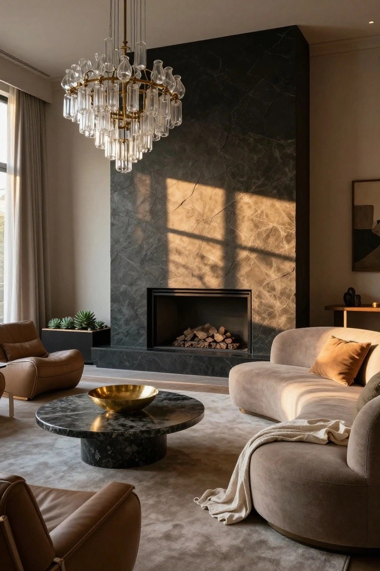 Modern living room featuring a curved beige sofa, two brown leather armchairs, black marble fireplace wall with logs burning, brass and glass chandelier, marble pedestal coffee table with gold bowl, and potted succulent.
