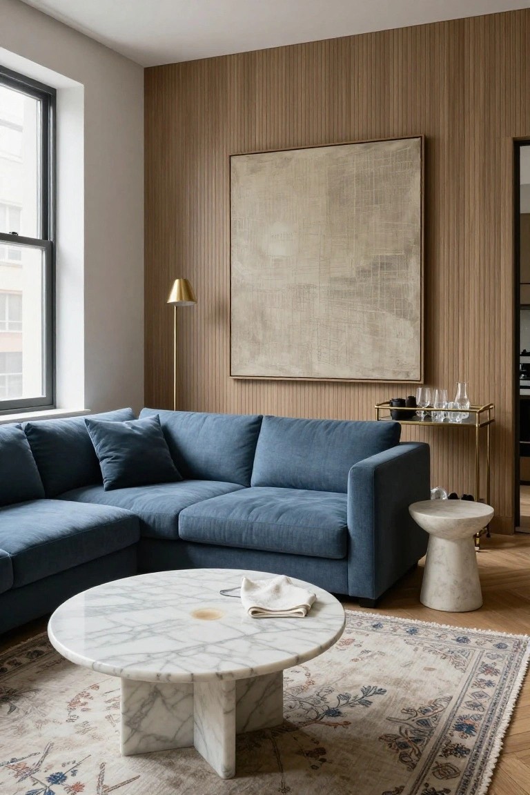 Modern living room corner featuring a navy blue L-shaped upholstered sofa, round white marble coffee table, wood-paneled walls, large abstract painting, gold floor lamp, and gold bar cart with glassware.