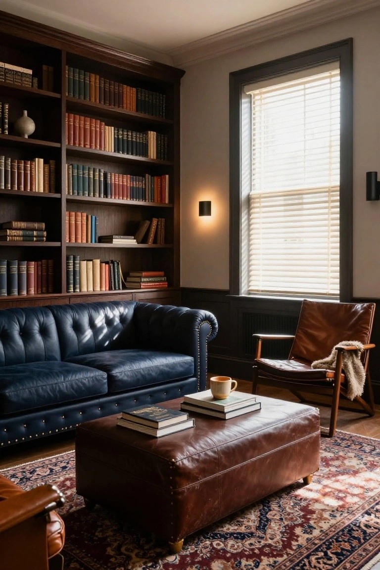 Wood-paneled library lounge with navy blue tufted leather sofa, brown leather armchair with throw, leather ottoman, bookshelves filled with books, mug on low table, and window with blinds.