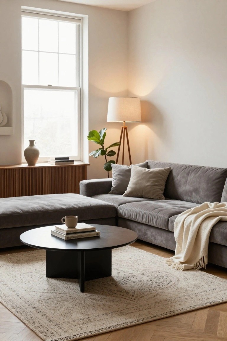 Modern living room with gray L-shaped velvet sectional sofa and ottoman, black round coffee table holding books and mug, beige patterned rug, wood credenza with vase and plant, tripod floor lamp, and large window.