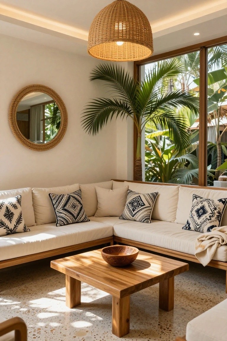 A bright corner living room with beige L-shaped sofa on wooden frames, wooden coffee table with woven bowl, rattan hanging lamp and round mirror, large windows showing palm trees and greenery, on terrazzo floor.