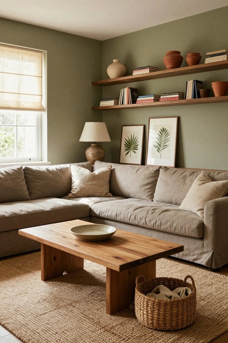 Sage green corner room with beige L-shaped linen sofa, wooden coffee table holding a ceramic bowl, seagrass rug, woven basket, wooden shelves with books and terracotta pots, table lamp, and two framed leaf prints above the sofa.
