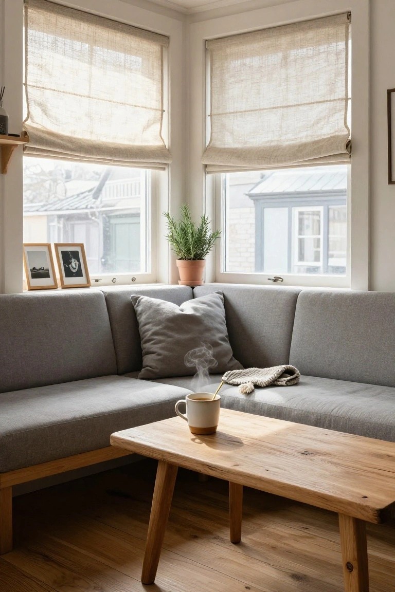 Gray L-shaped sofa in a bright corner room with beige linen roman shades on large windows, low wooden coffee table holding a steaming mug, potted rosemary plant, wooden shelves with framed photos, and knit throw on the seat.