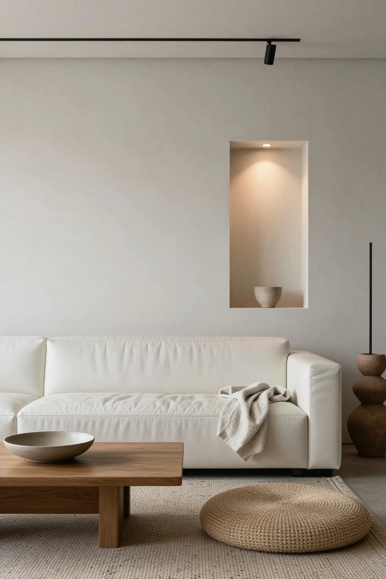 Minimalist living room with white L-shaped sofa draped in a light throw, low oak coffee table with ceramic bowl, beige woven pouf on seagrass rug, recessed wall niche holding a small ceramic bowl, track lighting overhead, and terracotta pots beside the sofa.