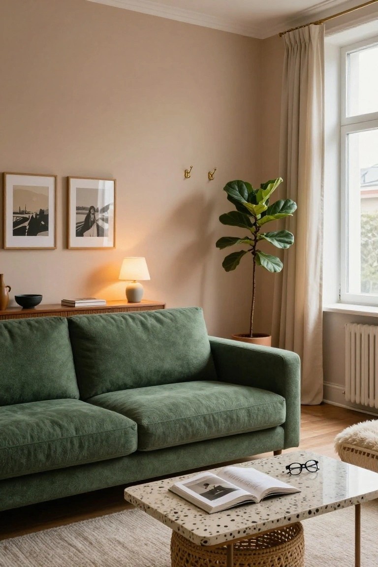 Living room with green velvet L-shaped sofa, white terrazzo coffee table holding open magazine and eyeglasses, large fiddle leaf fig in terracotta pot, wooden sideboard with lamp and vase, beige walls, sheer curtains on window, wool rug, and woven basket stool.