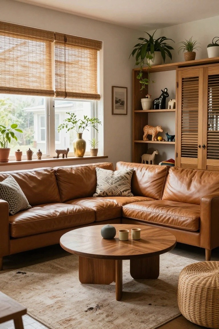 A living room corner featuring a tan leather L-shaped sofa, round wooden coffee table with ceramic items, woven pouf, neutral rug, wooden shelving with animal figurines and plants, and large windows with bamboo blinds.