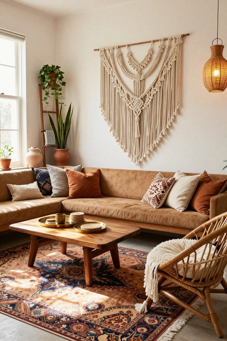 A sunlit living room with a tan leather L-shaped sofa piled with assorted pillows, a low wooden coffee table holding trays and cups, potted plants on shelves, a large white macrame wall hanging, a rattan chair with a throw, and a colorful patterned rug on the floor.