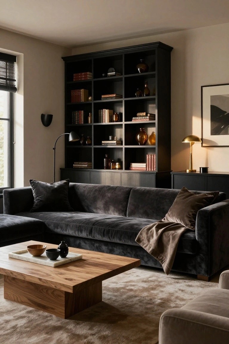 A modern living room with a dark gray velvet L-shaped sofa, wooden coffee table holding ceramic bowls and vases, black floor-to-ceiling bookshelves filled with books and glassware, neutral rug, and lamps near a window with blinds.