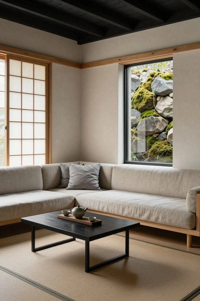 Beige L-shaped low sofa in a light-colored corner room with shoji sliding doors, low black table with teapot and cups, tatami-style rug, and window showing mossy rock wall outside.
