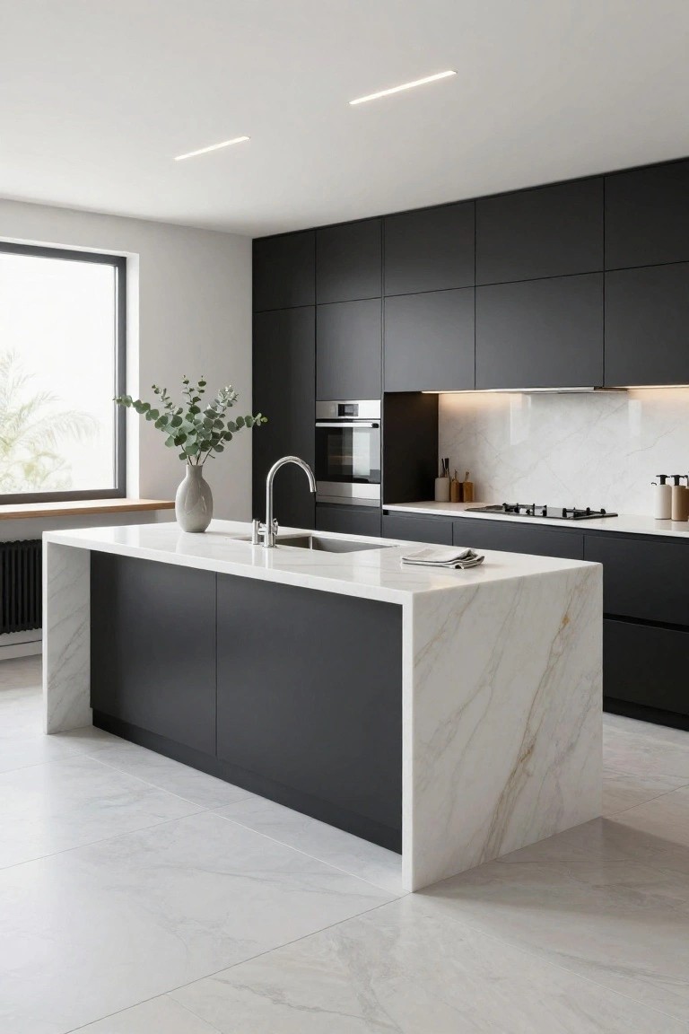 Modern kitchen interior with matte black flat-panel cabinets, white veined quartz countertops and waterfall island, stainless steel appliances, gas cooktop, sink, and eucalyptus stems in a vase on the island.
