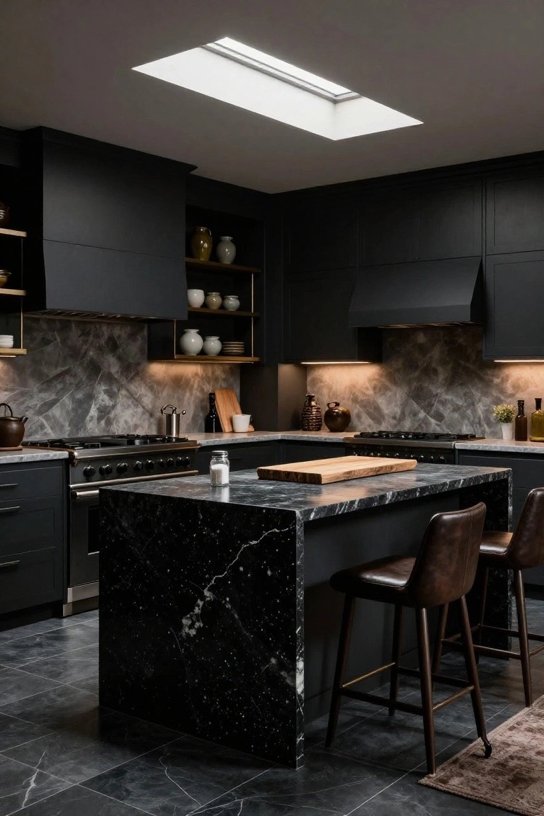 Modern black kitchen with matte black cabinets, large black quartz island featuring white galaxy veining and wooden cutting board, two brown leather bar stools, gas range, and gray marble backsplash.