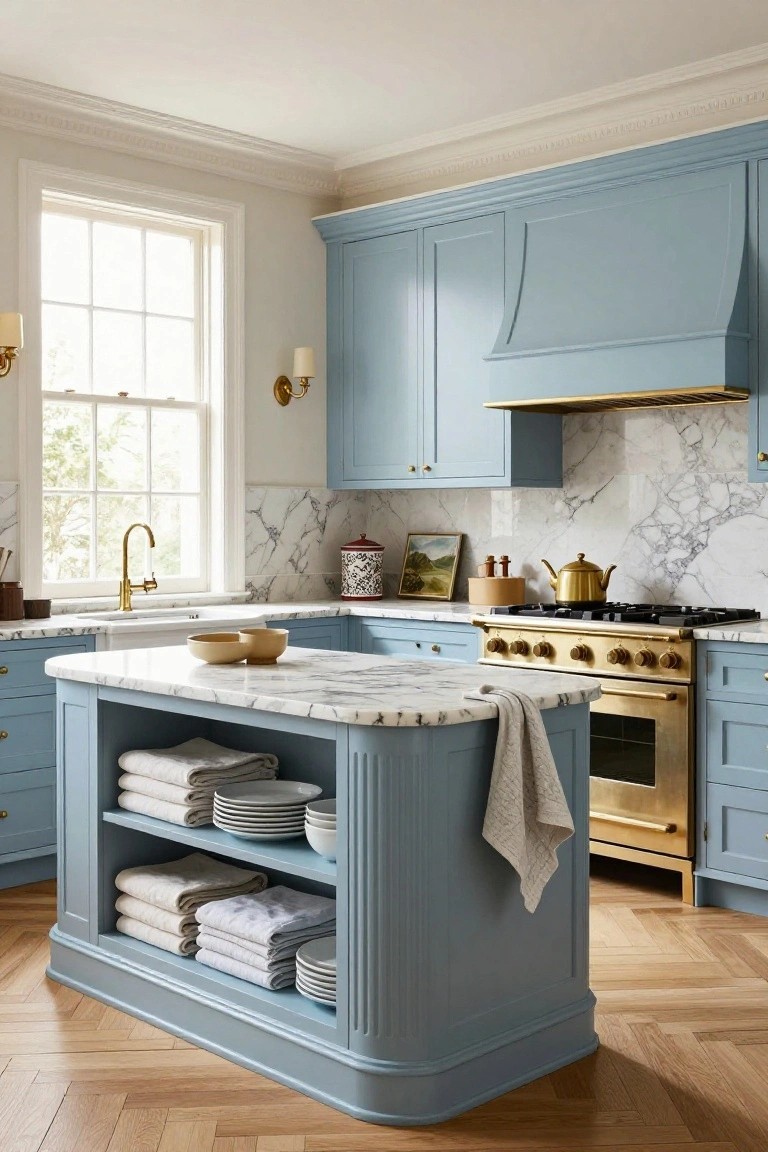 A kitchen interior with soft blue cabinets, white marble-patterned countertops and backsplash, brass range and faucet, and a central blue island with open lower shelves holding white dishes and linens.