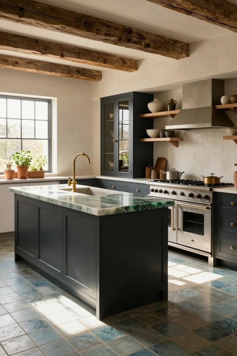 Kitchen with navy cabinets, central island topped in green veined quartz and gold faucet, exposed wood beam ceiling, wall shelves with pottery, range oven, and blue-green tiled floor.