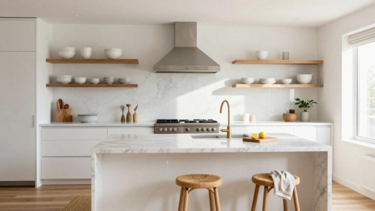 Bright kitchen interior with white cabinets, marble-topped island, four woven rattan barstools with wood legs, brass faucet, and window overlooking greenery.