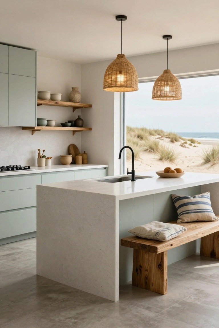 Functional Quartz Islands with Bench Seating