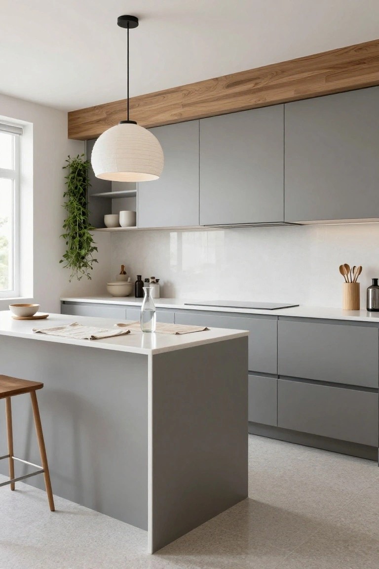 Modern kitchen interior with matte gray cabinets, white quartz countertops on a central island and perimeter, wood ceiling beam, hanging pendant light, potted plant on open shelving, and a wood stool at the island.