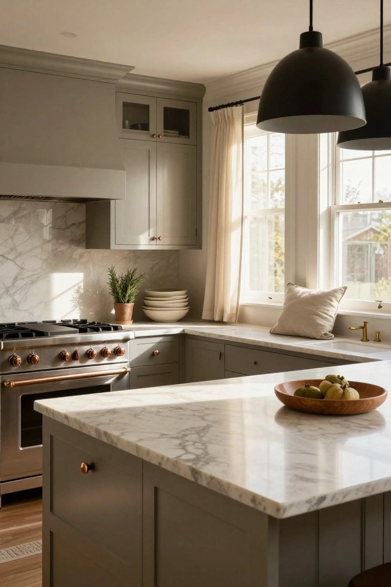 Corner view of a kitchen with greige shaker cabinets, white marble countertops and backsplash, brass hardware, black pendant lights over a marble island with a wooden bowl of fruit, a copper-accented range, and windows with sheer curtains.