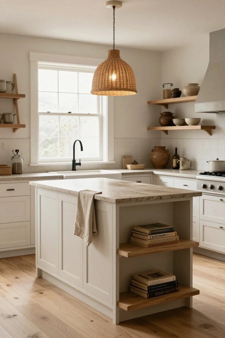 A white kitchen with shaker-style cabinets, a central island featuring light veined quartz countertop and lower open wood shelves holding stacked books, a black gooseneck faucet over a white farmhouse sink, rattan pendant light, and assorted pottery on floating shelves near a window.