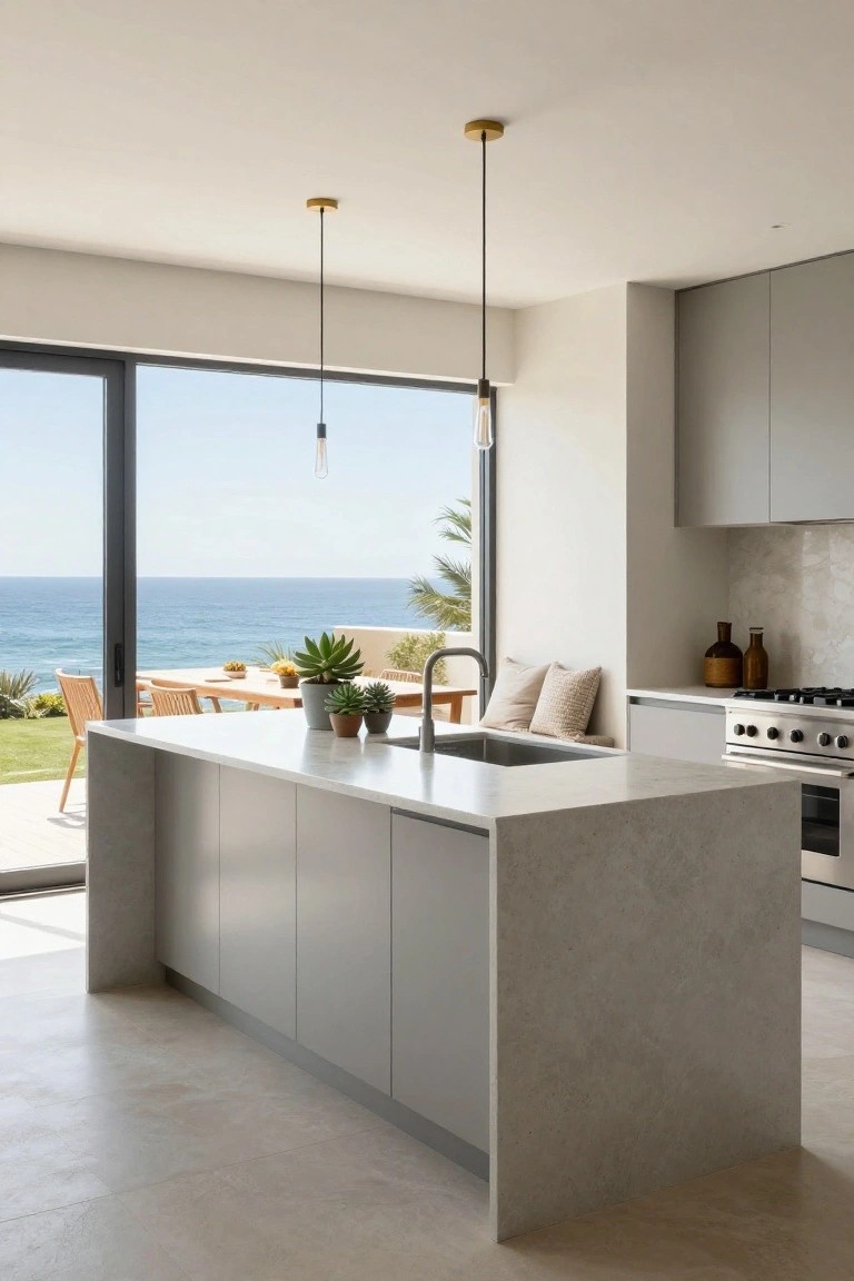Modern kitchen interior with a large light gray island topped in white-veined quartz countertop and integrated sink, flanked by matching gray cabinets, pendant lights overhead, and sliding glass doors opening to an outdoor patio and ocean view.