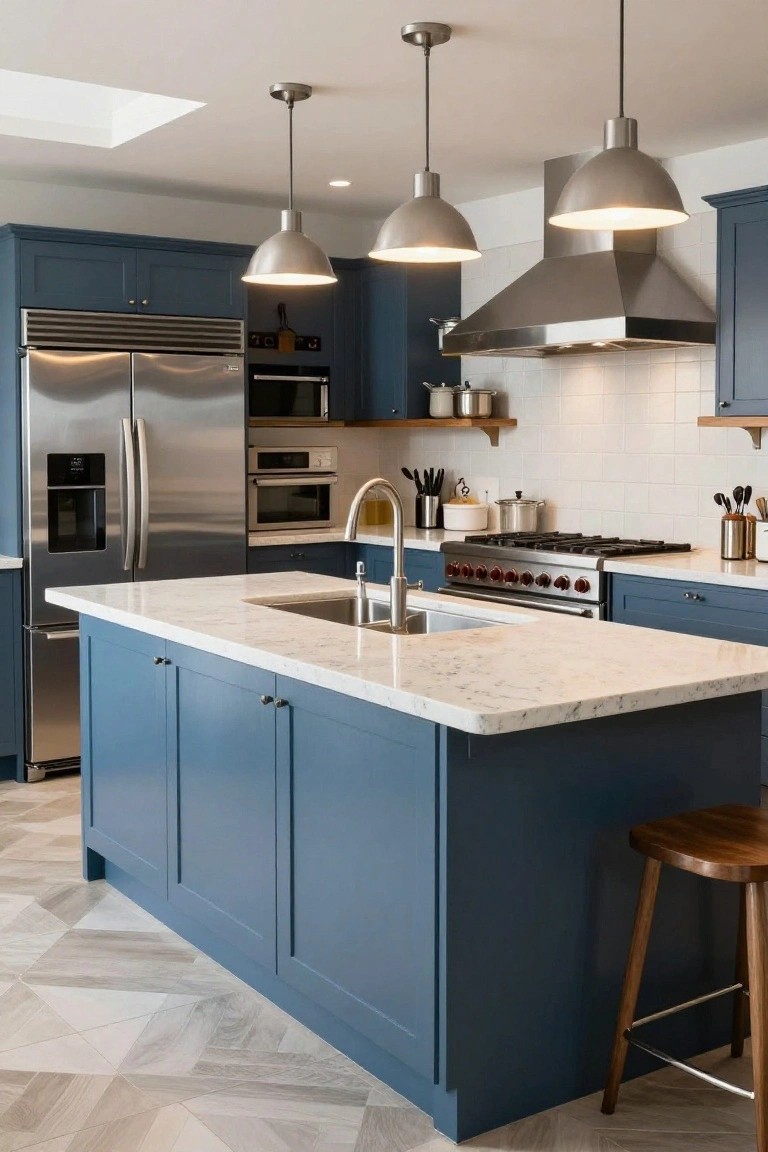 Modern kitchen interior with navy blue cabinets, white quartz countertop island featuring a sink, stainless steel refrigerator and range, subway tile backsplash, and pendant lights.