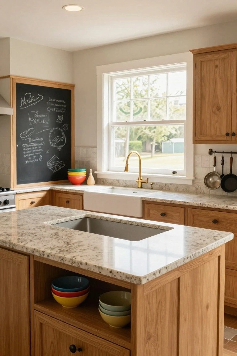 Kitchen interior with oak cabinets, light speckled quartz countertops including an island and farmhouse sink, gold faucet, chalkboard wall with handwritten notes, and colorful bowls on open island shelving.