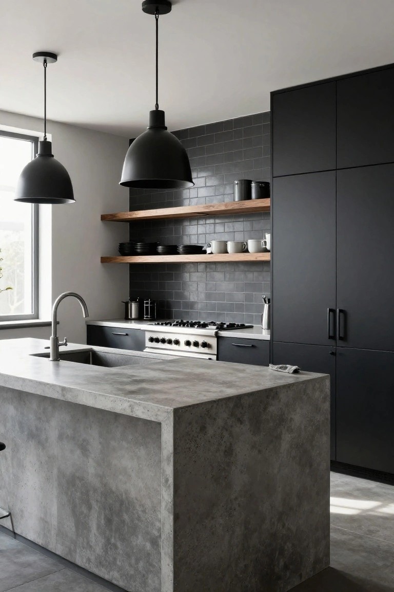 Modern kitchen with matte black cabinets, large gray polished concrete island countertop and sink, black subway tile backsplash, wooden floating shelves with ceramics, stainless steel appliances, and black pendant lights.