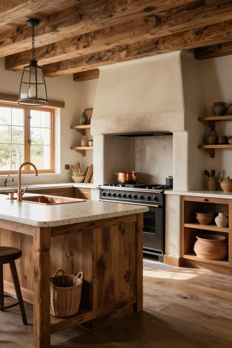 Rustic kitchen with exposed wooden beams on ceiling, large wooden island topped by white quartz countertop, copper farmhouse sink, black gas range in adobe-style hood, and open shelving with pottery.