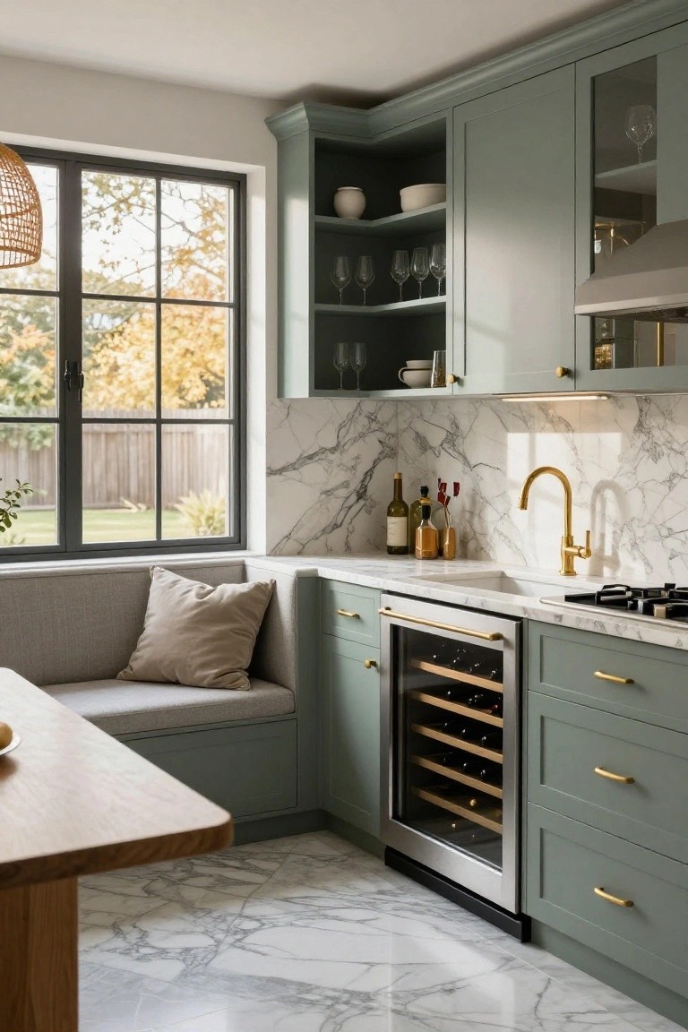 Corner kitchen featuring sage green shaker-style cabinets, white veined quartz counters and backsplash, gold faucet, integrated wine refrigerator, and built-in banquette seating by a large window overlooking a yard.