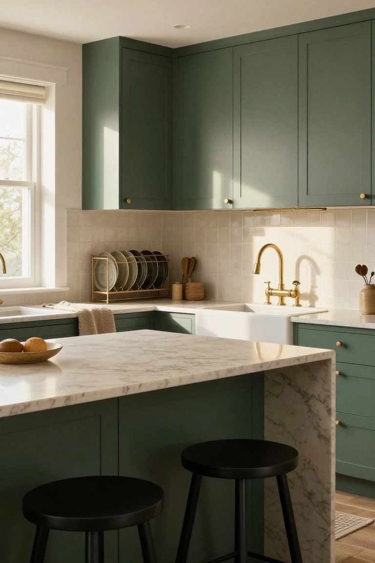 Kitchen interior with sage green shaker-style cabinets, white veined quartz countertops and island, white farmhouse sink, gold bridge faucet, black stools, beige subway tile backsplash, and plate rack.