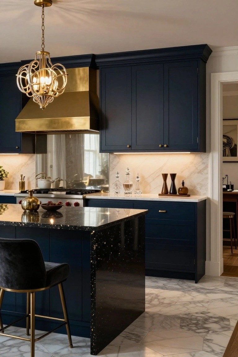 Kitchen interior with navy blue cabinets, brass range hood and chandelier, black quartz island countertop with gold flecks, marble backsplash and floor tiles, and decorative objects on counters.