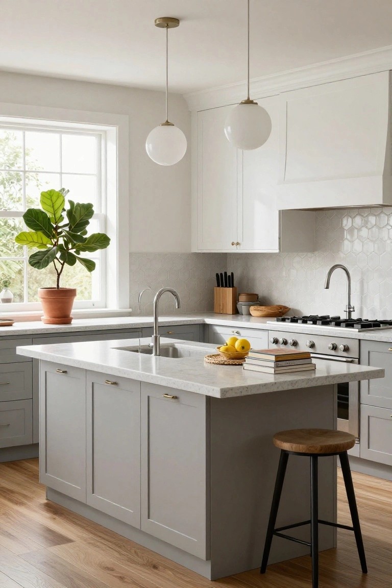 Bright kitchen with white upper cabinets, light gray lower cabinets and island, white quartz countertops, stainless sink and appliances, two white globe pendant lights, and a potted fiddle leaf fig plant near the window.