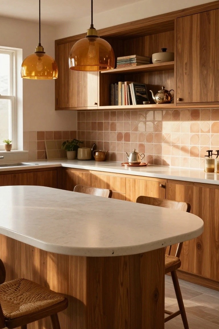 Kitchen with warm wood cabinets and island, white quartz countertop on curved island, terracotta tiled backsplash, amber glass pendant lights, and wooden stools.
