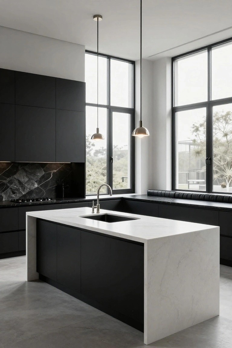 Modern kitchen with matte black cabinets, white quartz island featuring waterfall edges, black marble backsplash, gas cooktop, pendant lights, and large windows with outdoor views.