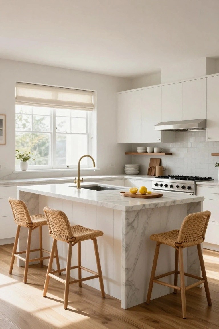Bright kitchen interior with white cabinets, marble-topped island, four woven rattan barstools with wood legs, brass faucet, and window overlooking greenery.