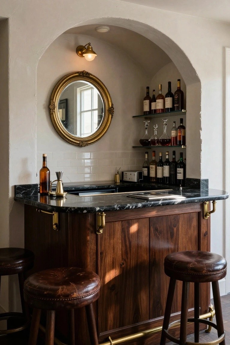 Small curved wooden bar with black marble countertop, brass fittings, two leather barstools, set in a white arched alcove with gold-framed round mirror, glassware shelves, and wine bottles.