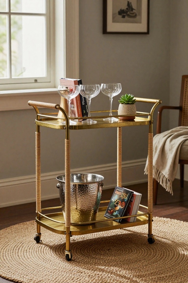 Gold two-tier bar cart with rattan-wrapped handles and legs holding wine glasses, books, ice bucket, and potted succulent next to a window in a gray room.