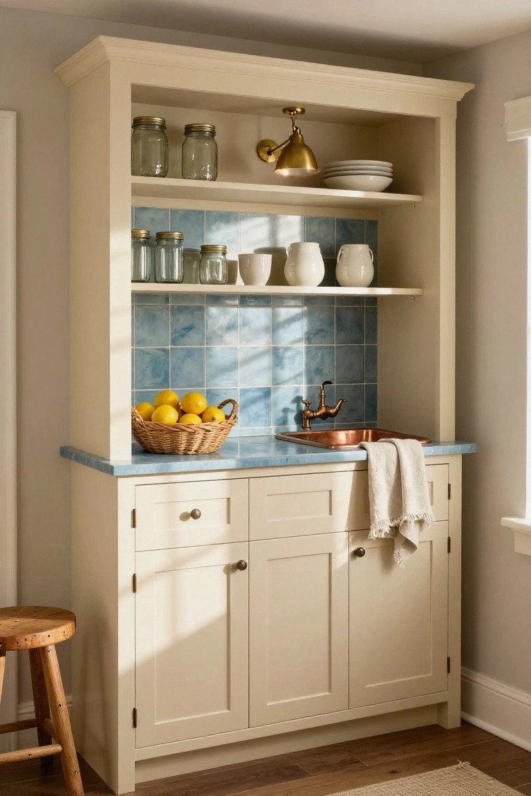Cream wooden cabinet hutch with open shelves holding glass jars and dishes, blue tiled backsplash behind a copper sink on blue-edged countertop with woven basket of lemons and linen towel, wooden stool nearby in sunlit room.