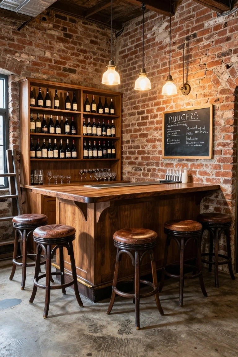 Exposed brick walls surround a wooden bar counter with built-in wine bottle racks, glassware shelves, leather-topped bar stools, and a chalkboard menu in an industrial-style home bar area.