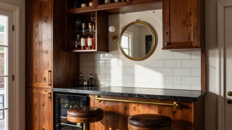 Small curved wooden bar with black marble countertop, brass fittings, two leather barstools, set in a white arched alcove with gold-framed round mirror, glassware shelves, and wine bottles.