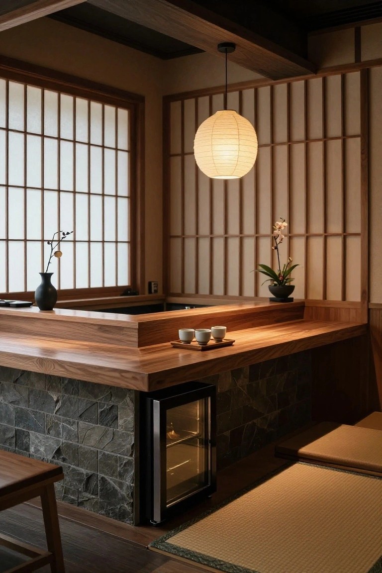 Japanese-style interior room with wooden bar counter protruding from stone wall base, integrated mini-fridge, shoji screens, paper lantern, orchids in black pots, and tatami floor mat.
