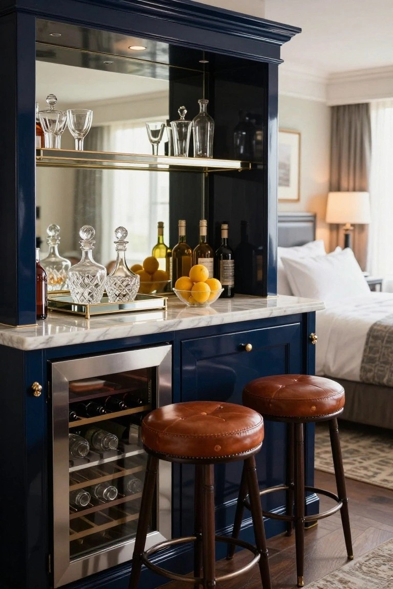 Navy blue built-in bar cabinet with mirrored backing shelves holding glassware, decanters, and bottles, marble countertop with bowl of lemons, under-counter wine refrigerator, and two brown leather bar stools beside a bed in a hotel-style room.