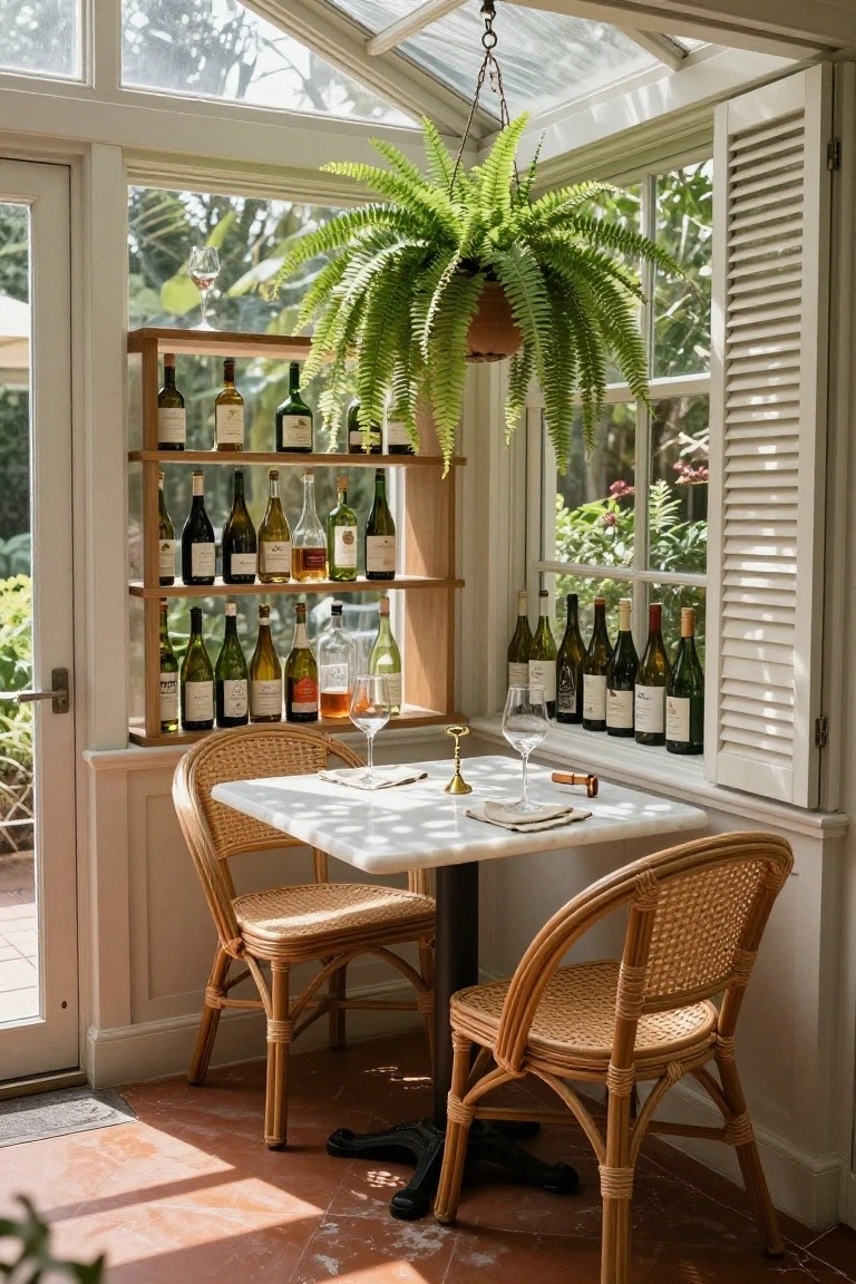 Sunroom with open wooden shelving unit stocked with wine bottles and spirits, small round white table set with glasses and napkins, two rattan chairs, hanging fern plant, and large windows with shutters overlooking greenery.
