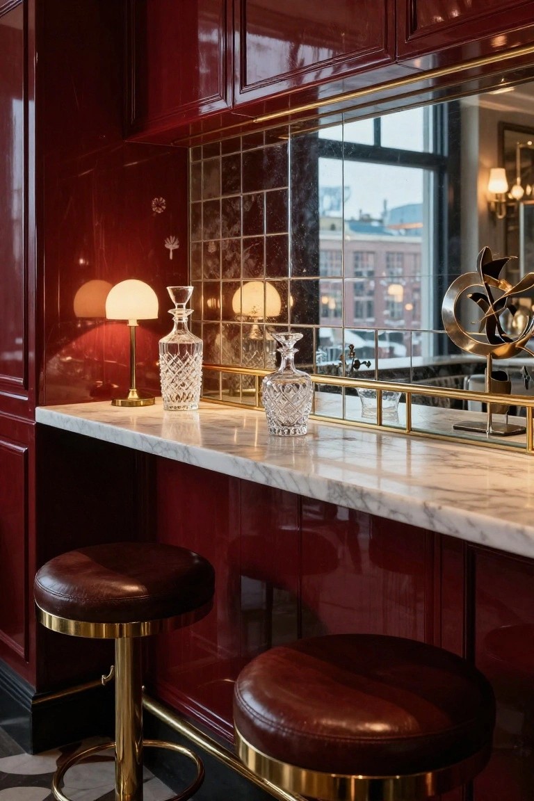 Close-up of a home bar interior with glossy red lacquered cabinets, white marble countertop, two brass bar stools with brown leather seats, crystal decanters, gold lamps, and a mirrored tiled backsplash.